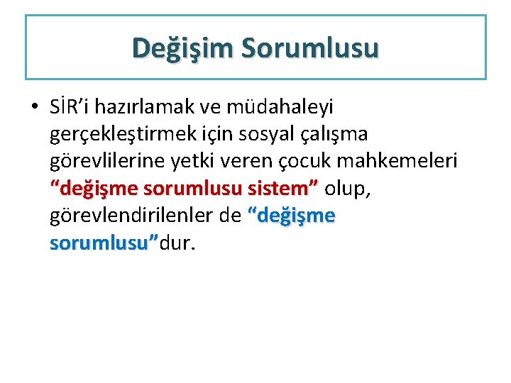 Değişim Sorumlusu • SİR’i hazırlamak ve müdahaleyi gerçekleştirmek için sosyal çalışma görevlilerine yetki veren