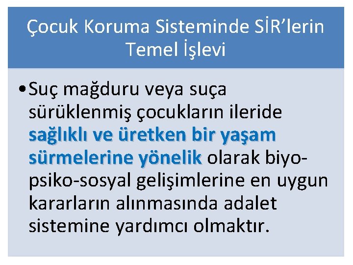 Çocuk Koruma Sisteminde SİR’lerin Temel İşlevi • Suç mağduru veya suça sürüklenmiş çocukların ileride