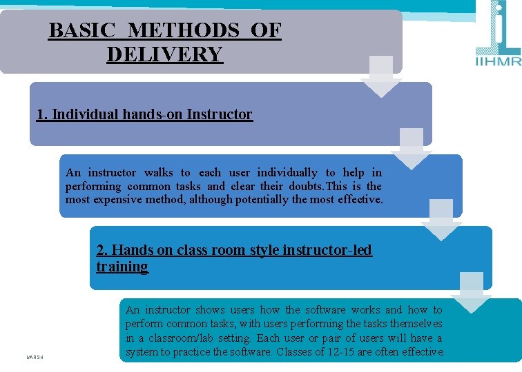 BASIC METHODS OF DELIVERY 1. Individual hands-on Instructor An instructor walks to each user