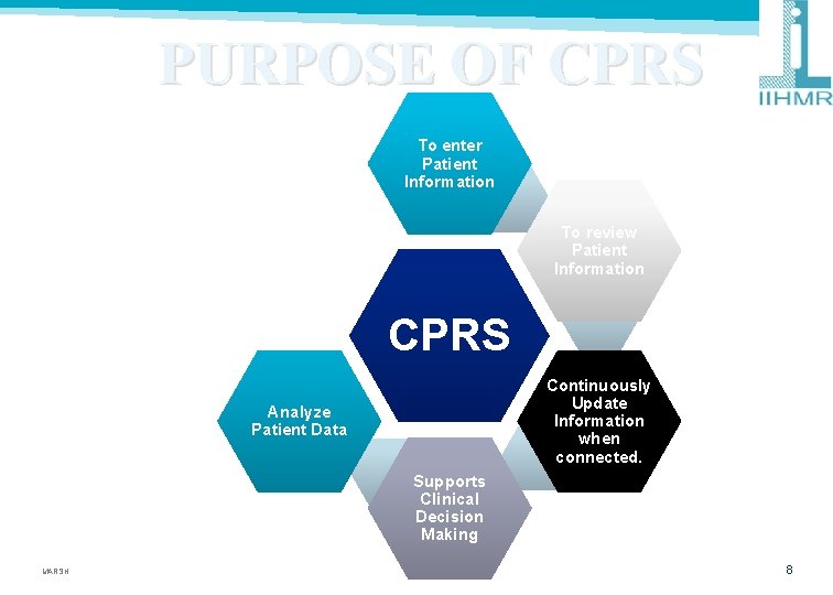 PURPOSE OF CPRS To enter Patient Information To review Patient Information CPRS Continuously Update