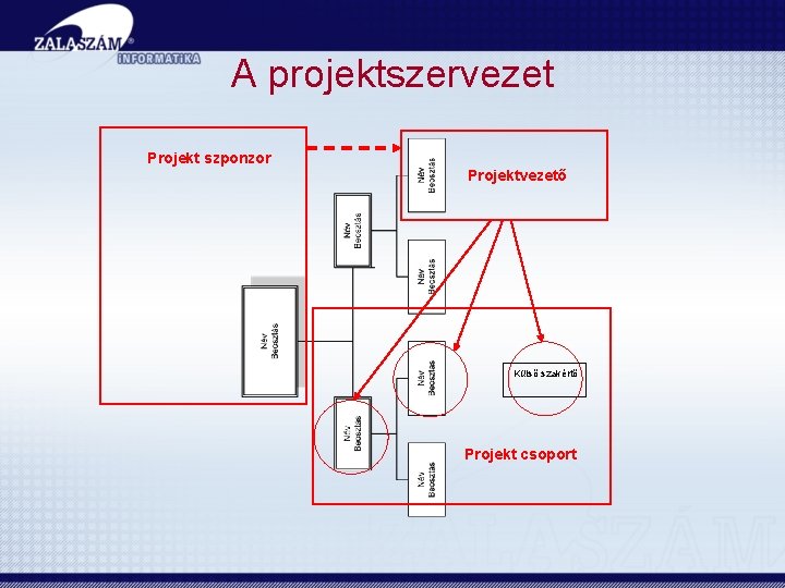 A projektszervezet Projekt szponzor Projektvezető Külső szakértő Projekt csoport 