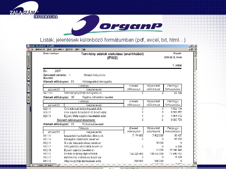 Listák, jelentések különböző formátumban (pdf, excel, txt, html…) 