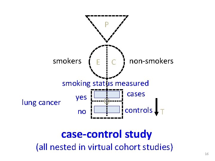 P smokers lung cancer E C non-smokers smoking status measured cases yes no O P smokers lung cancer E C non-smokers smoking status measured cases yes no O