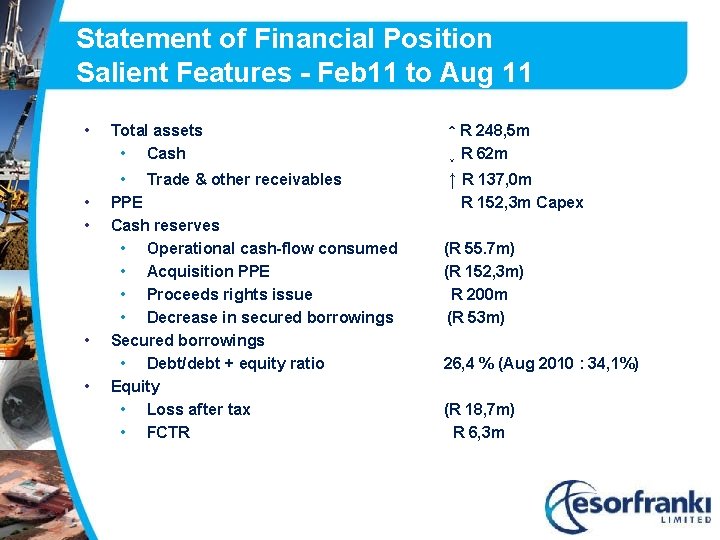 Statement of Financial Position Salient Features - Feb 11 to Aug 11 • Total