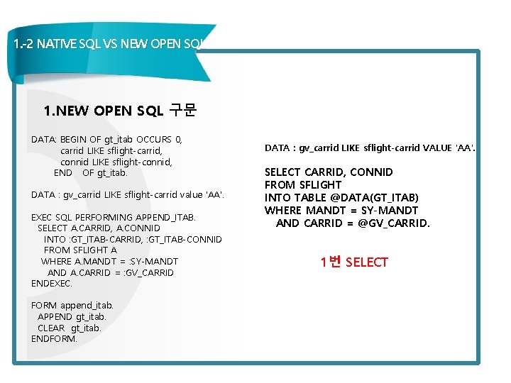 1. -2 NATIVE SQL VS NEW OPEN SQL 1. NEW OPEN SQL 구문 DATA: