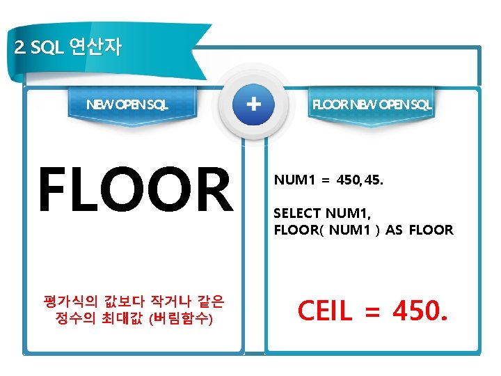 2. SQL 연산자 NEW OPEN SQL FLOOR 평가식의 값보다 작거나 같은 정수의 최대값 (버림함수)