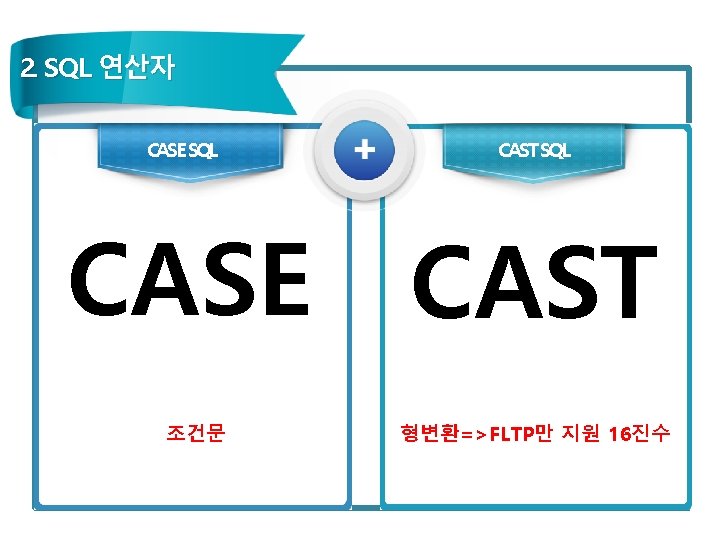 2. SQL 연산자 CASE SQL CAST SQL CASE CAST 관련 조건문 형변환=>FLTP만 지원 16진수