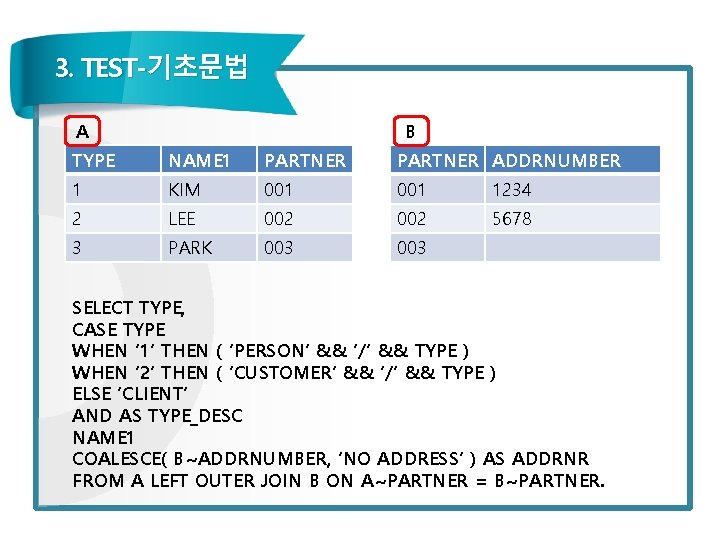 3. TEST-기초문법 A B TYPE NAME 1 PARTNER ADDRNUMBER 1 KIM 001 1234 2