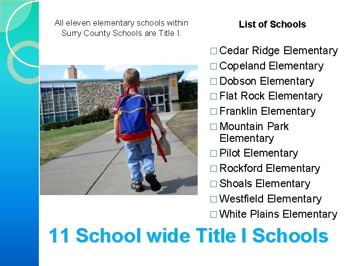 All eleven elementary schools within Surry County Schools are Title I. List of Schools