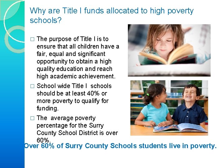 Why are Title I funds allocated to high poverty schools? � The purpose of