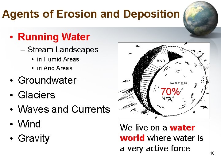 Agents of Erosion and Deposition • Running Water – Stream Landscapes • in Humid