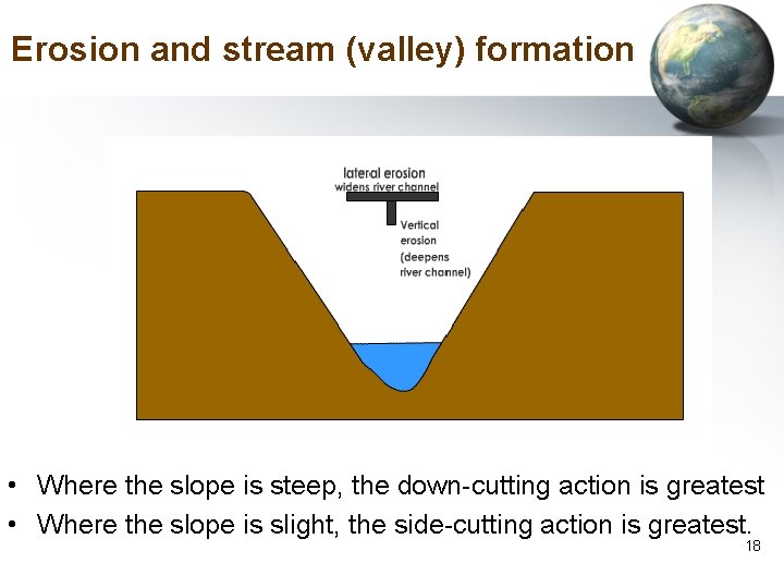 Erosion and stream (valley) formation • Where the slope is steep, the down-cutting action