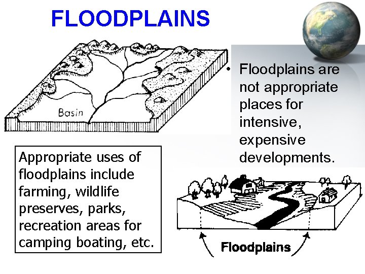 FLOODPLAINS Appropriate uses of floodplains include farming, wildlife preserves, parks, recreation areas for camping