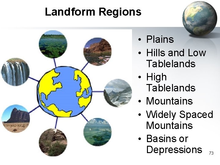 Landform Regions • Plains • Hills and Low Tablelands • High Tablelands • Mountains
