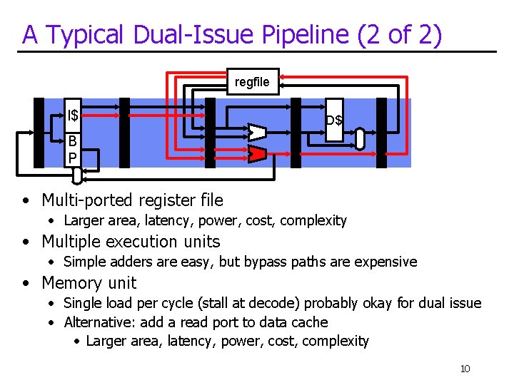 A Typical Dual-Issue Pipeline (2 of 2) regfile I$ D$ B P • Multi-ported