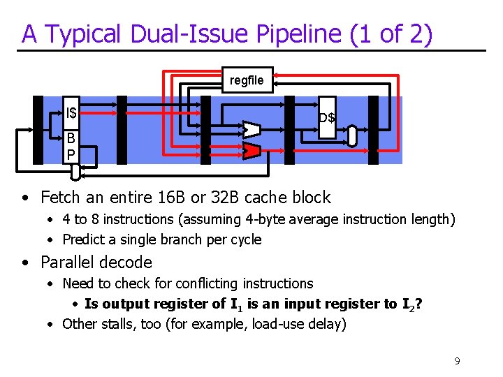 A Typical Dual-Issue Pipeline (1 of 2) regfile I$ D$ B P • Fetch