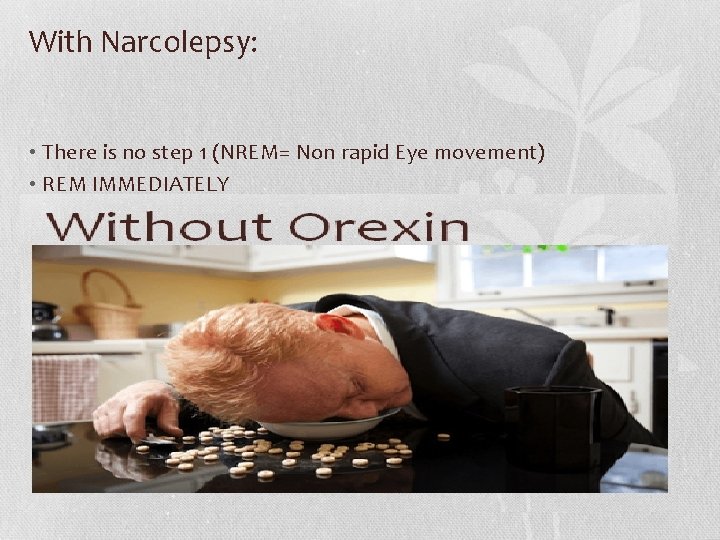 With Narcolepsy: • There is no step 1 (NREM= Non rapid Eye movement) •