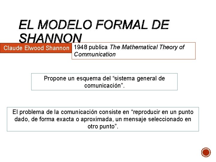 Claude Elwood Shannon 1948 publica The Mathematical Theory of Communication Propone un esquema del
