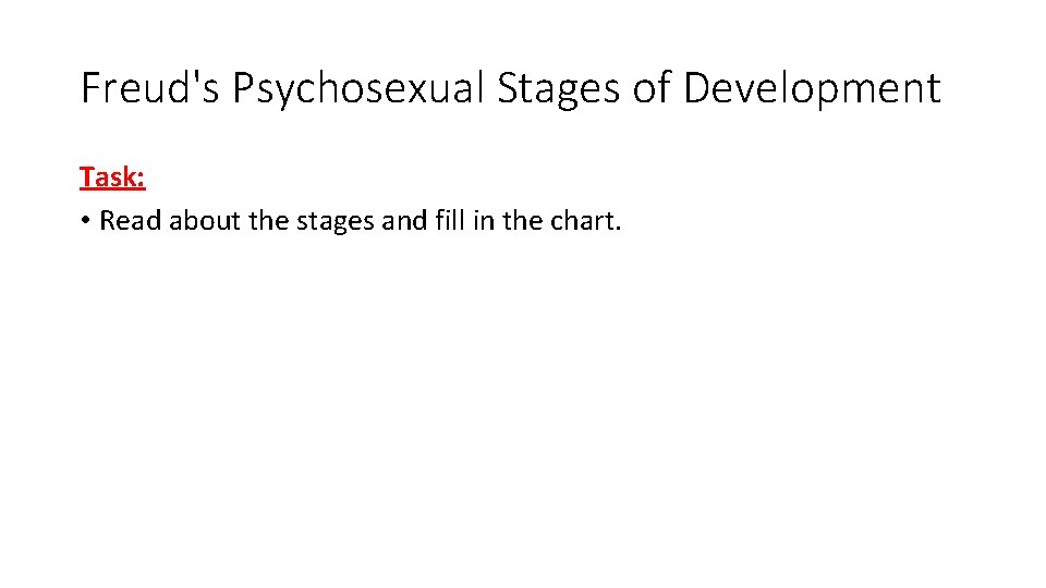 Freud's Psychosexual Stages of Development Task: • Read about the stages and fill in Freud's Psychosexual Stages of Development Task: • Read about the stages and fill in