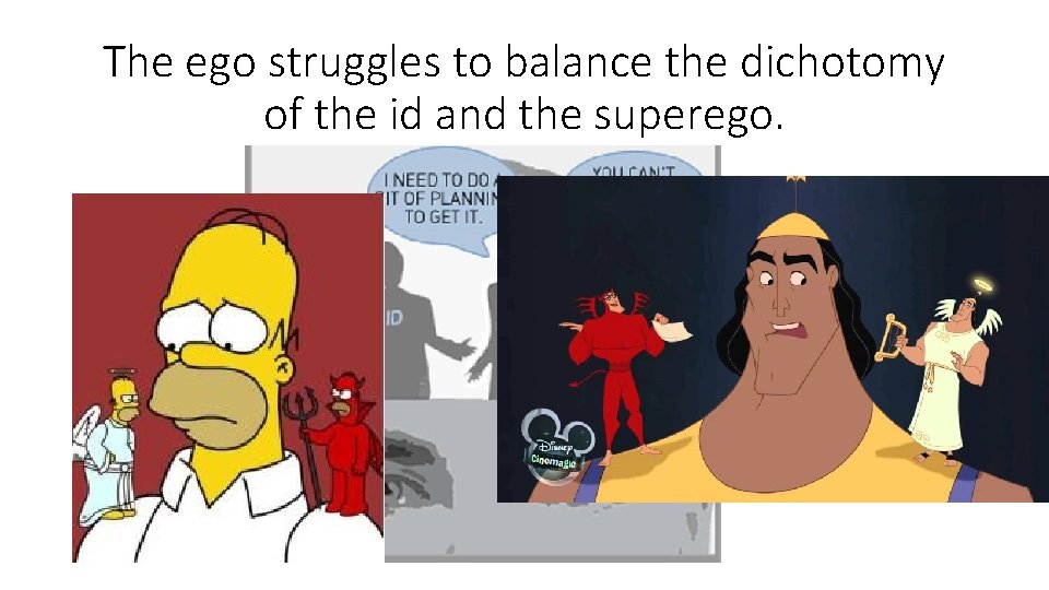The ego struggles to balance the dichotomy of the id and the superego. The ego struggles to balance the dichotomy of the id and the superego.