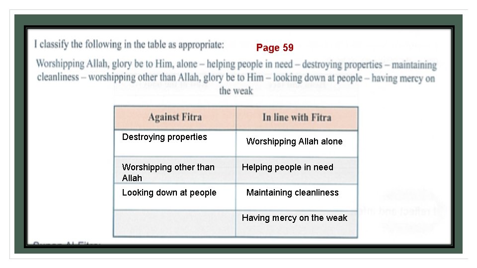 Page 59 Destroying properties Worshipping other than Allah Looking down at people Worshipping Allah Page 59 Destroying properties Worshipping other than Allah Looking down at people Worshipping Allah