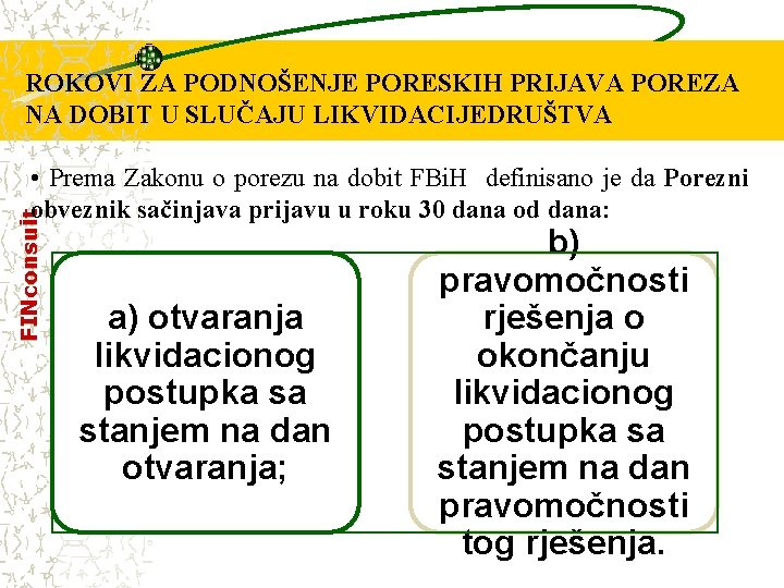 ROKOVI ZA PODNOŠENJE PORESKIH PRIJAVA POREZA NA DOBIT U SLUČAJU LIKVIDACIJEDRUŠTVA FINconsult • Prema