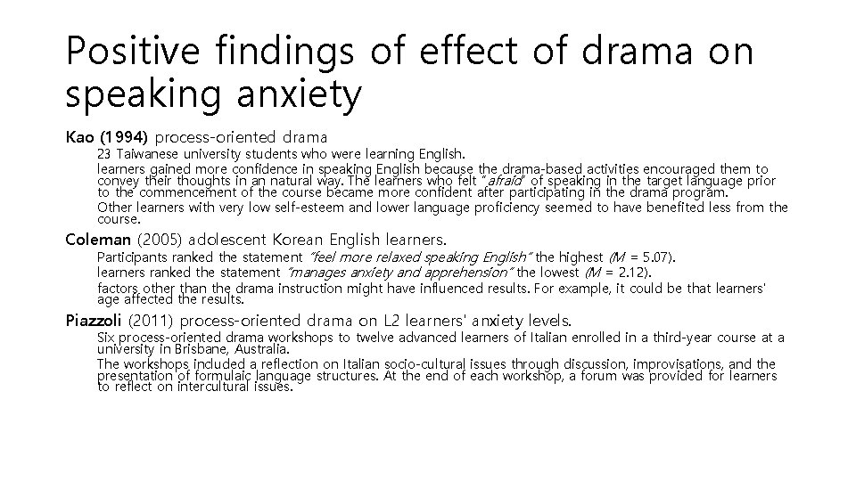 Positive findings of effect of drama on speaking anxiety Kao (1994) process-oriented drama 23