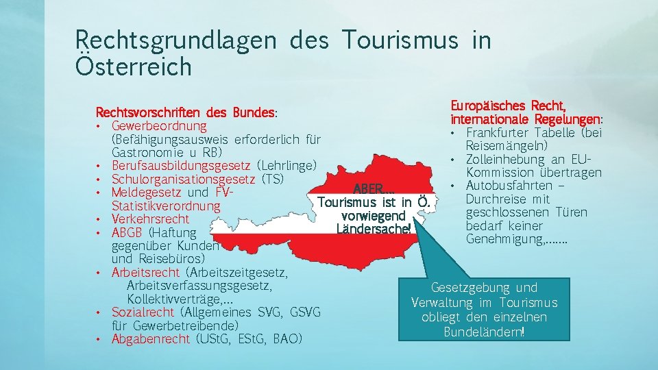 Rechtsgrundlagen des Tourismus in Österreich Europäisches Recht, Rechtsvorschriften des Bundes: internationale Regelungen: • Gewerbeordnung