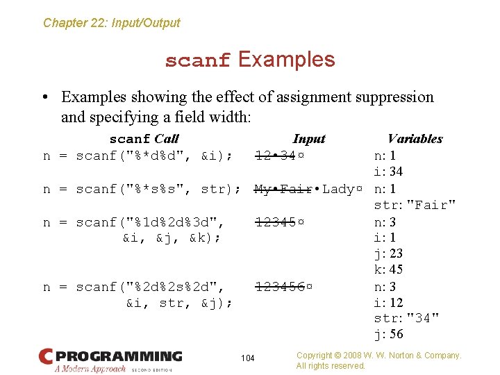 Chapter 22: Input/Output scanf Examples • Examples showing the effect of assignment suppression and
