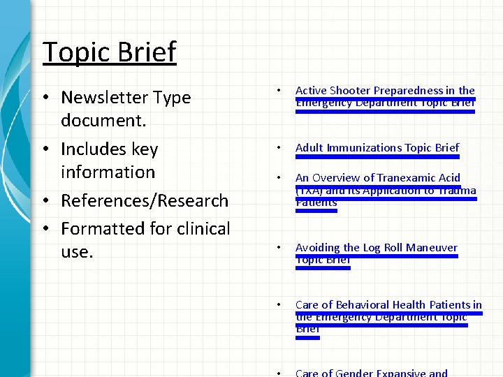 Topic Brief • Newsletter Type document. • Includes key information • References/Research • Formatted