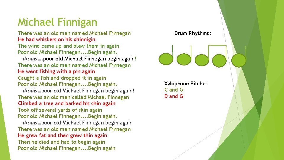 Michael Finnigan There was an old man named Michael Finnegan He had whiskers on