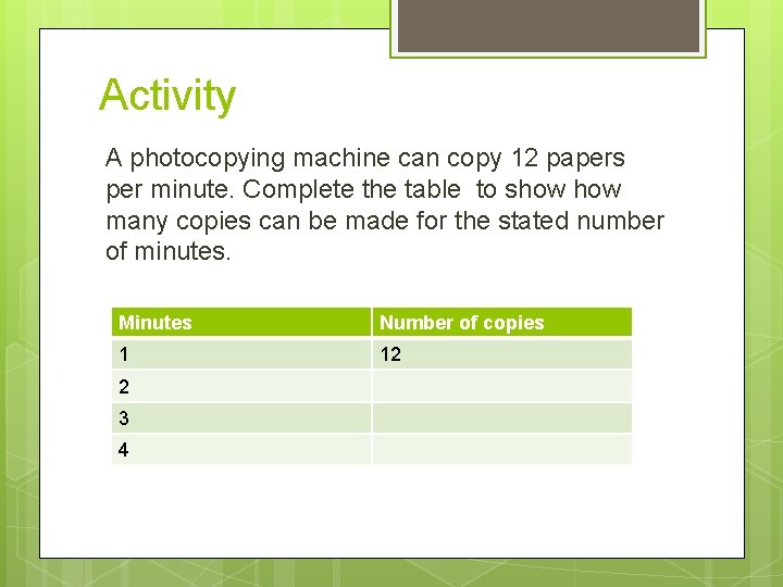 Activity A photocopying machine can copy 12 papers per minute. Complete the table to