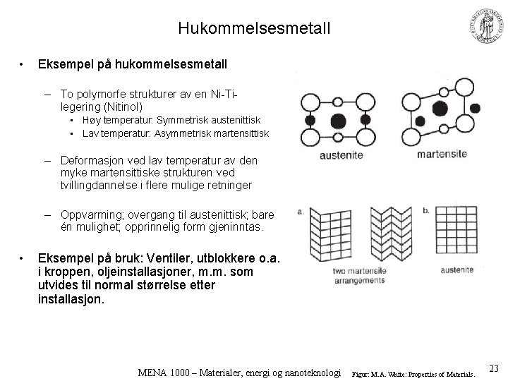 Hukommelsesmetall • Eksempel på hukommelsesmetall – To polymorfe strukturer av en Ni-Tilegering (Nitinol) •