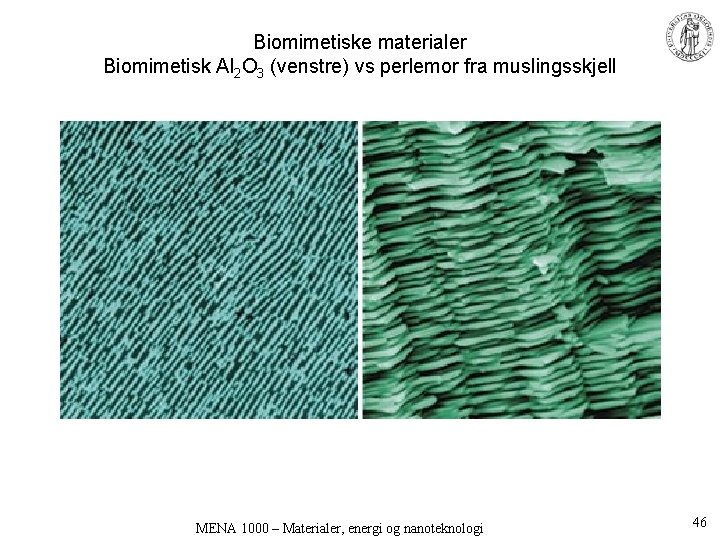 Biomimetiske materialer Biomimetisk Al 2 O 3 (venstre) vs perlemor fra muslingsskjell MENA 1000