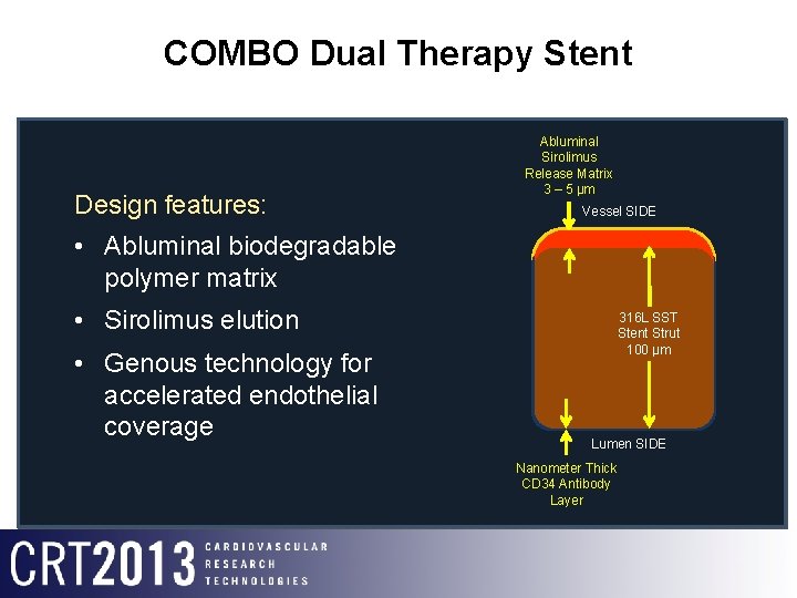 COMBO Dual Therapy Stent Design features: • Abluminal biodegradable polymer matrix • Sirolimus elution