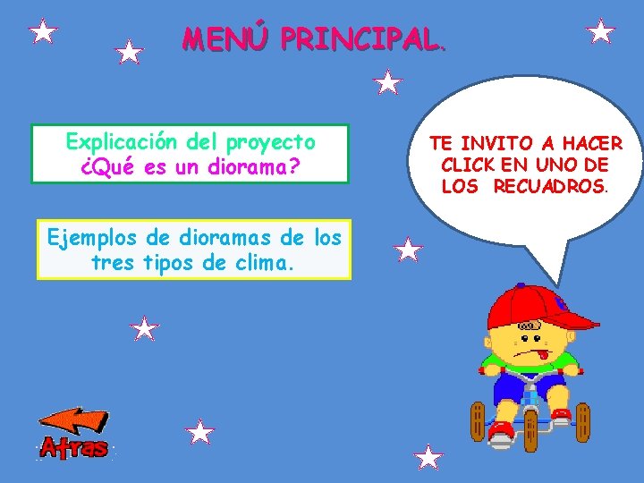MENÚ PRINCIPAL. Explicación del proyecto ¿Qué es un diorama? Ejemplos de dioramas de los