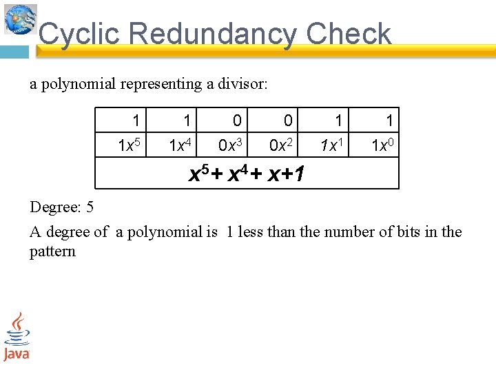 Cyclic Redundancy Check a polynomial representing a divisor: 1 1 x 5 1 1