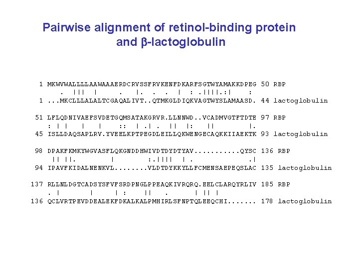Pairwise alignment of retinol-binding protein and b-lactoglobulin 1 MKWVWALLLLAAWAAAERDCRVSSFRVKENFDKARFSGTWYAMAKKDPEG 50 RBP. ||| |. |.