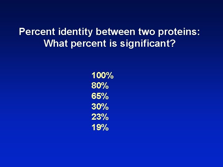 Percent identity between two proteins: What percent is significant? 100% 80% 65% 30% 23%