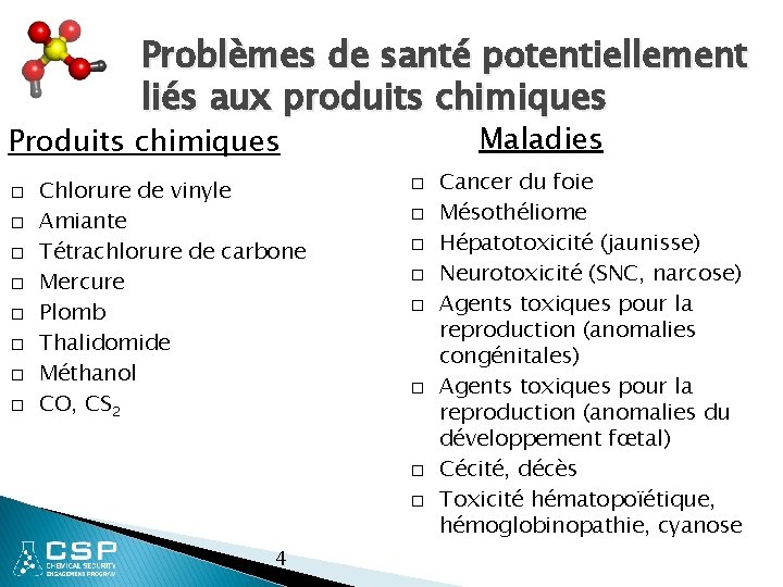 Problèmes de santé potentiellement liés aux produits chimiques Maladies Produits chimiques � � �