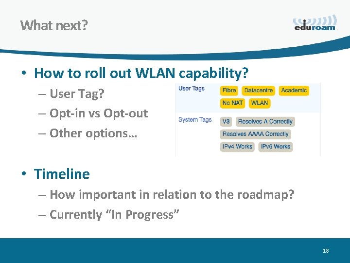 What next? • How to roll out WLAN capability? – User Tag? – Opt-in