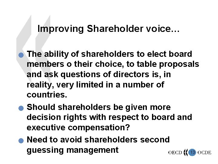 Improving Shareholder voice… n n n The ability of shareholders to elect board members