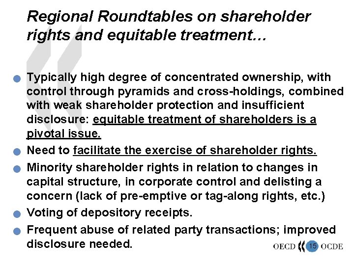 Regional Roundtables on shareholder rights and equitable treatment… n n n Typically high degree