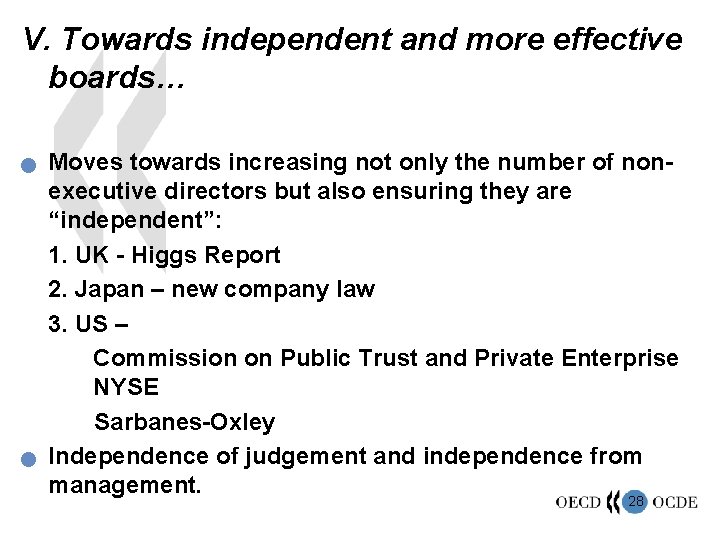 V. Towards independent and more effective boards… n n Moves towards increasing not only