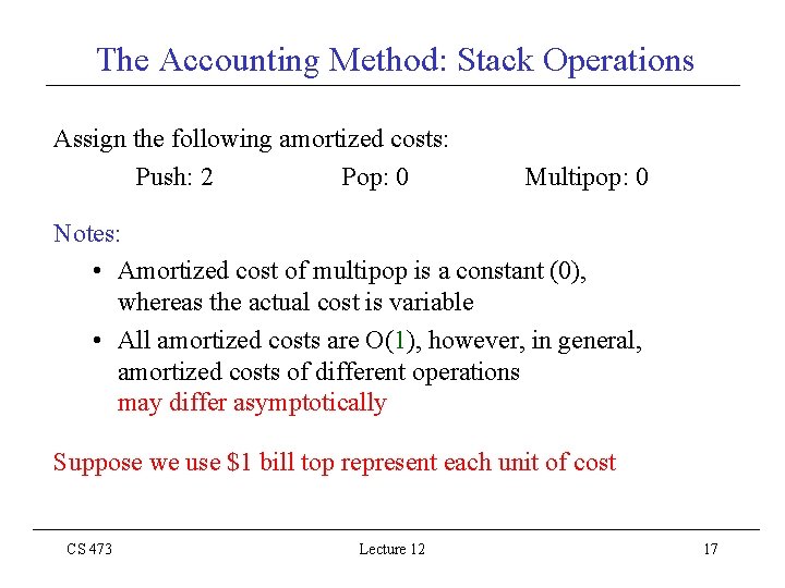 The Accounting Method: Stack Operations Assign the following amortized costs: Push: 2 Pop: 0