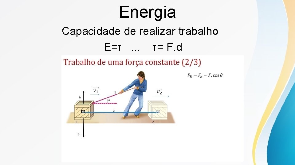 Energia Capacidade de realizar trabalho E=τ . . . τ= F. d 