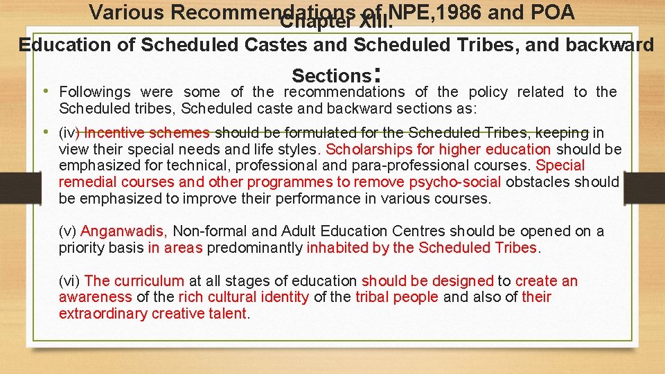 Various Recommendations of NPE, 1986 and POA Chapter XIII. Education of Scheduled Castes and Various Recommendations of NPE, 1986 and POA Chapter XIII. Education of Scheduled Castes and
