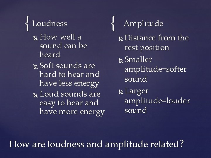 { Loudness How well a sound can be heard Soft sounds are hard to