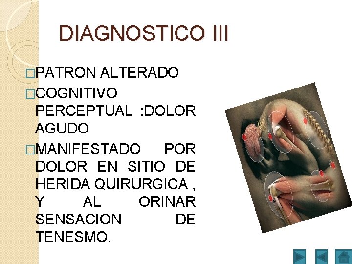 DIAGNOSTICO III �PATRON ALTERADO �COGNITIVO PERCEPTUAL : DOLOR AGUDO �MANIFESTADO POR DOLOR EN SITIO