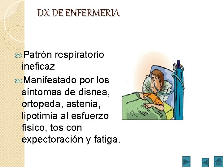 DX DE ENFERMERIA Patrón respiratorio ineficaz Manifestado por los síntomas de disnea, ortopeda, astenia,